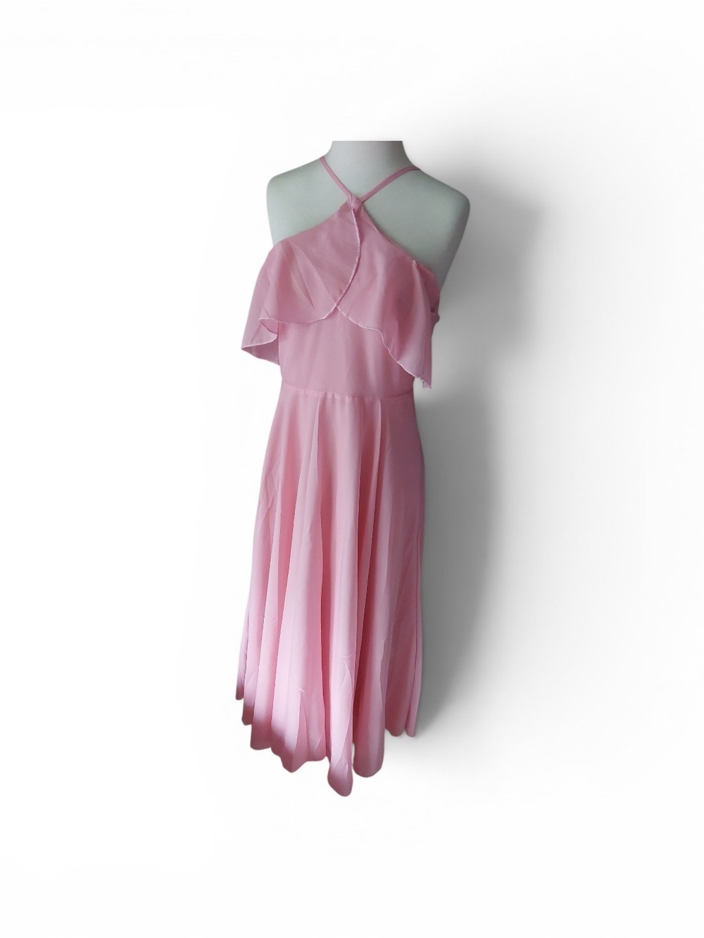 Chiffon Pink Halter Ruffle Midi Dress